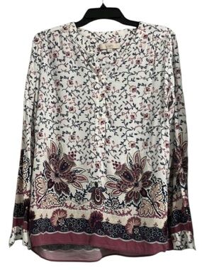 Ann Taylor LOFT Navy and Burgundy Paisley Long-Sleeve Blouse, Size Medium